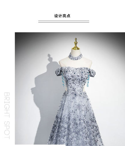 Sleeveless Off-Shoulder Floral Sequin Cutout A-Line Evening Gown