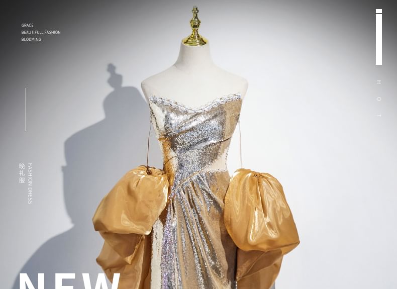 Evening Off-Shoulder Sheath Sequin Puff-Sleeve Gown