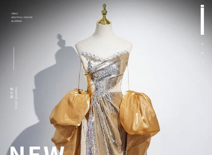 Evening Off-Shoulder Sheath Sequin Puff-Sleeve Gown