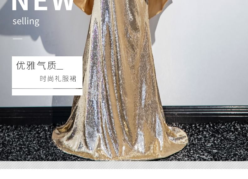 Evening Off-Shoulder Sheath Sequin Puff-Sleeve Gown