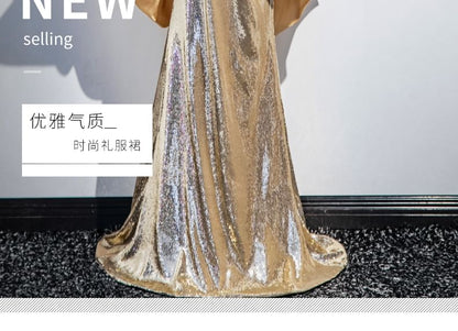 Evening Off-Shoulder Sheath Sequin Puff-Sleeve Gown