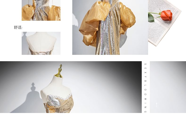 Evening Off-Shoulder Sheath Sequin Puff-Sleeve Gown