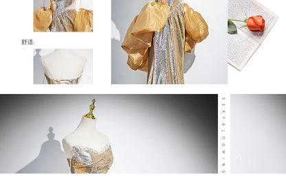 Evening Off-Shoulder Sheath Sequin Puff-Sleeve Gown