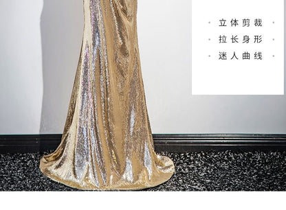 Evening Off-Shoulder Sheath Sequin Puff-Sleeve Gown