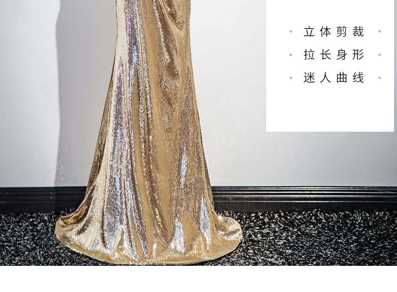 Puff-Sleeve Off-Shoulder Sequin Sheath Evening Gown