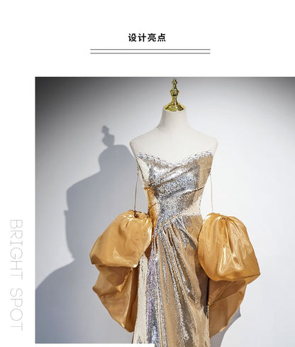 Evening Off-Shoulder Sheath Sequin Puff-Sleeve Gown