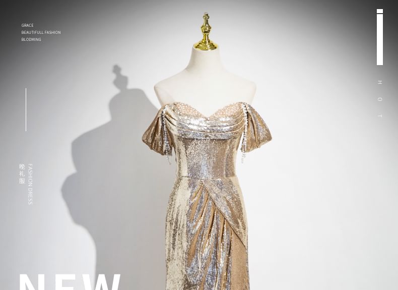 Sleeveless Off-Shoulder Sequin Trumpet Evening Gown