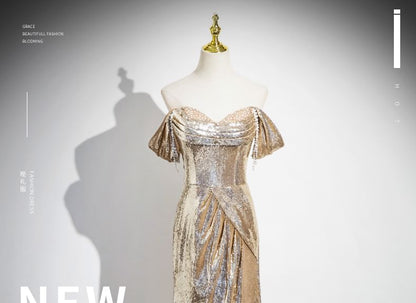 Sleeveless Off-Shoulder Sequin Trumpet Evening Gown