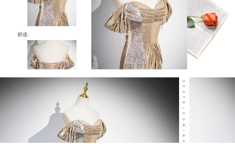 Sleeveless Off-Shoulder Sequin Trumpet Evening Gown