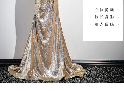 Sleeveless Off-Shoulder Sequin Trumpet Evening Gown