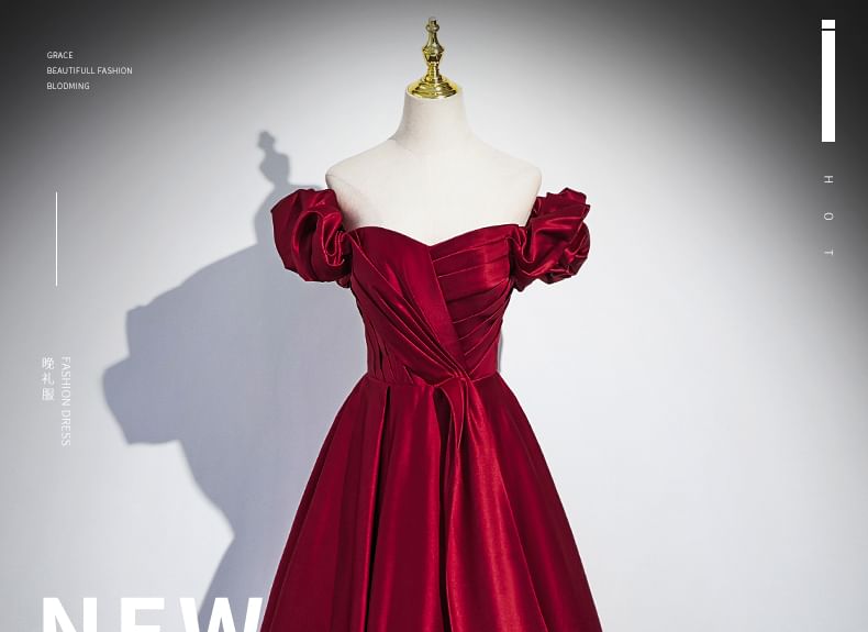 Puff-Sleeve Plain A-Line Evening Gown