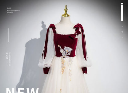 Velvet Long-Sleeve Gown Panel Sequin Tulle Evening A-Line Floral