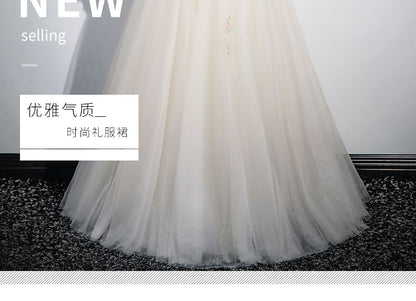 Long-Sleeve Floral Sequin Velvet Panel Tulle A-Line Evening Gown