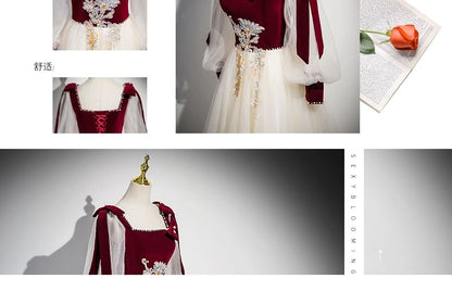 Long-Sleeve Floral Sequin Velvet Panel Tulle A-Line Evening Gown