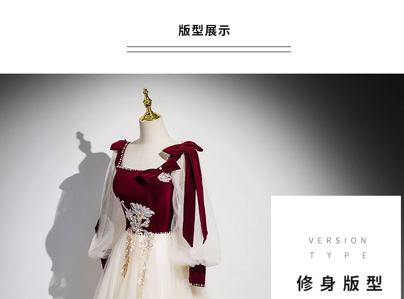 Velvet Long-Sleeve Gown Panel Sequin Tulle Evening A-Line Floral