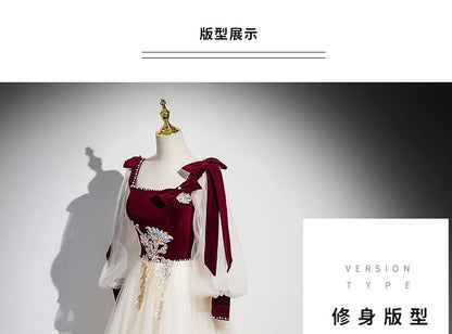 Long-Sleeve Floral Sequin Velvet Panel Tulle A-Line Evening Gown