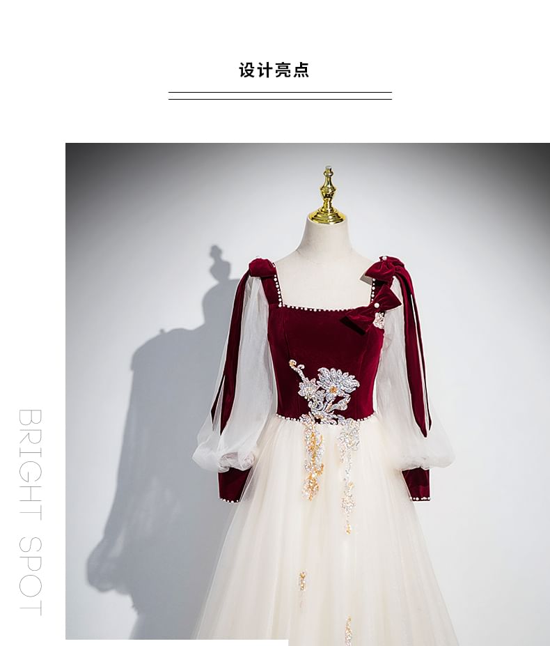 Velvet Long-Sleeve Gown Panel Sequin Tulle Evening A-Line Floral