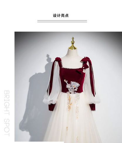 Velvet Long-Sleeve Gown Panel Sequin Tulle Evening A-Line Floral