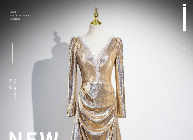 Long-Sleeve V-Neck Gown Sequin Evening A-Line