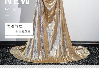 Long-Sleeve V-Neck Gown Sequin Evening A-Line