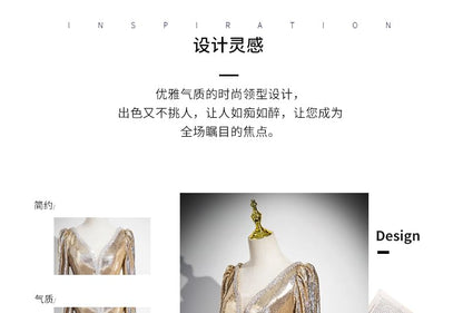 Long-Sleeve V-Neck Gown Sequin Evening A-Line