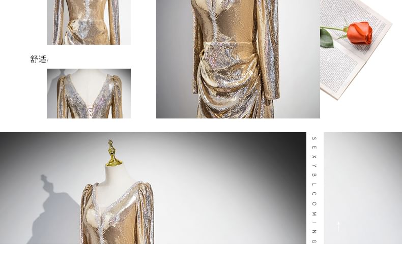 Long-Sleeve V-Neck Gown Sequin Evening A-Line