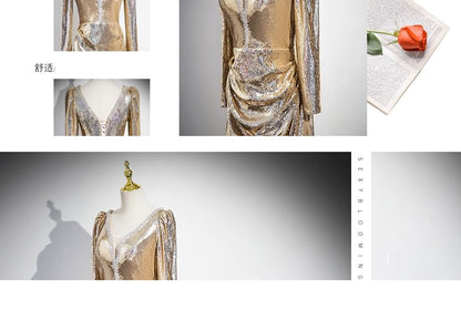 Long-Sleeve V-Neck Sequin A-Line Evening Gown