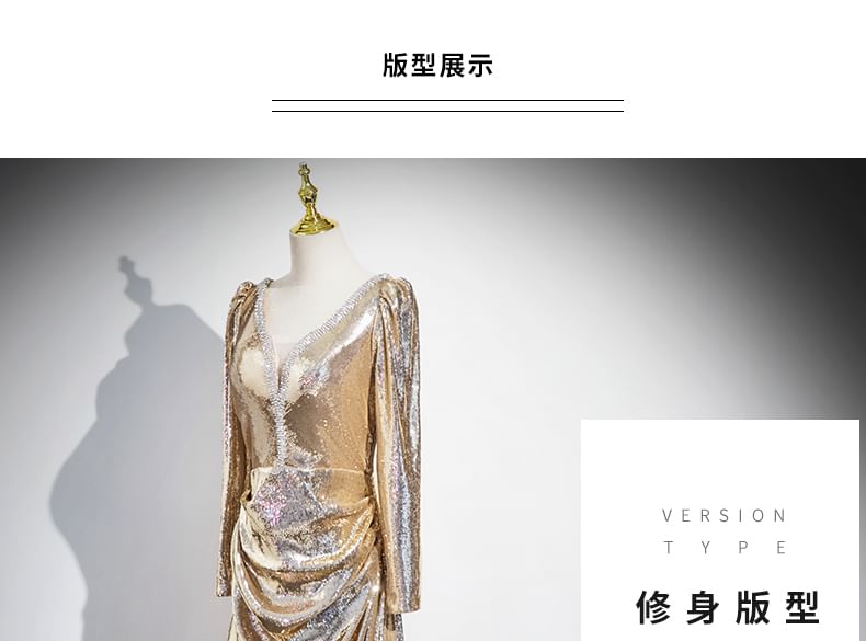 Long-Sleeve V-Neck Gown Sequin Evening A-Line