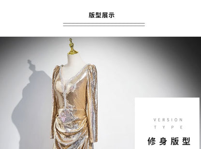 Long-Sleeve V-Neck Sequin A-Line Evening Gown