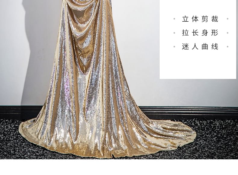 Long-Sleeve V-Neck Gown Sequin Evening A-Line