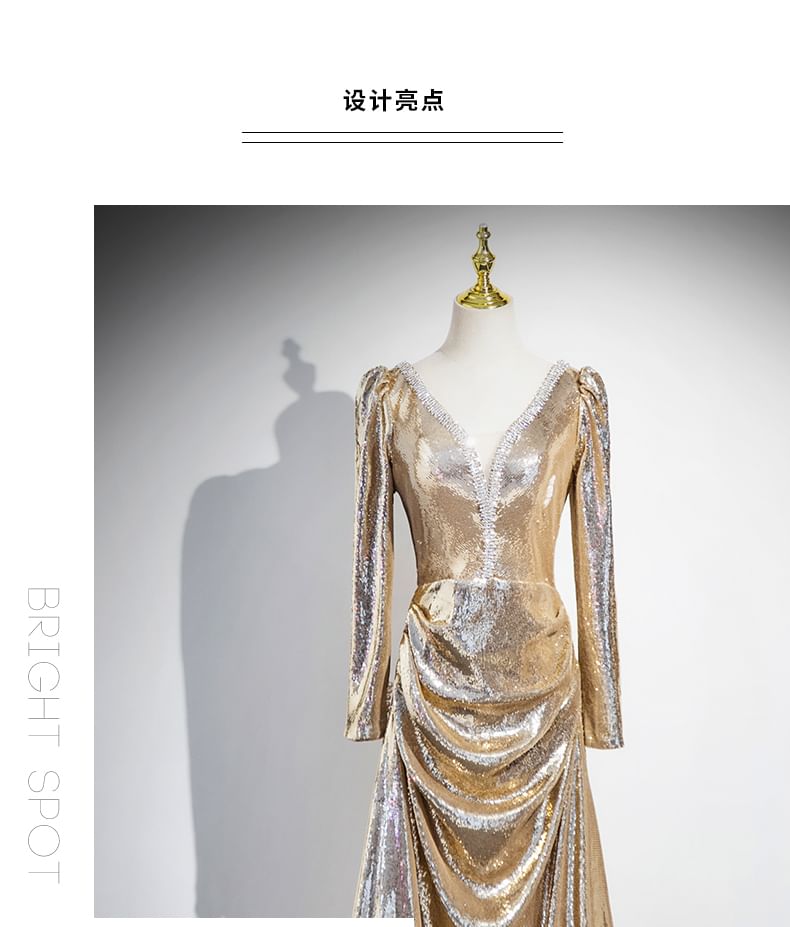 Long-Sleeve V-Neck Sequin A-Line Evening Gown