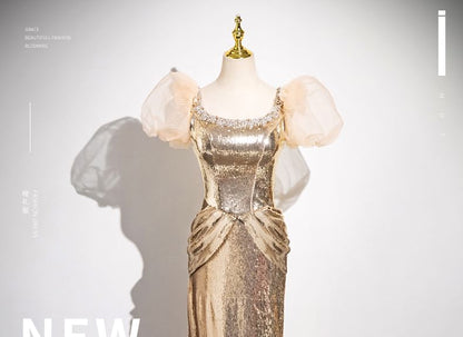 Puff-Sleeve Sequin Sheath Gown Evening