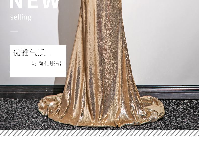 Puff-Sleeve Sequin Sheath Gown Evening