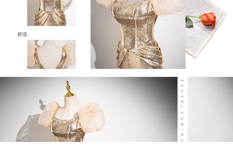 Puff-Sleeve Sequin Sheath Gown Evening