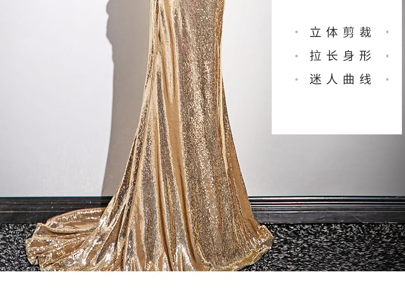Puff-Sleeve Sequin Sheath Evening Gown