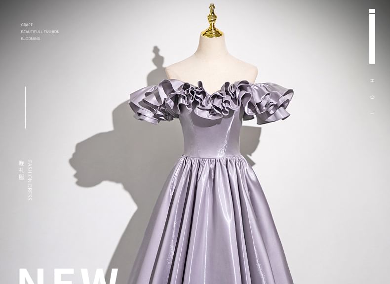 Off-Shoulder Plain Ruffle Trim A-Line Evening Gown