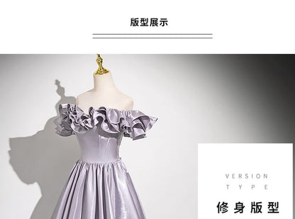 Off-Shoulder Plain Ruffle Trim A-Line Evening Gown