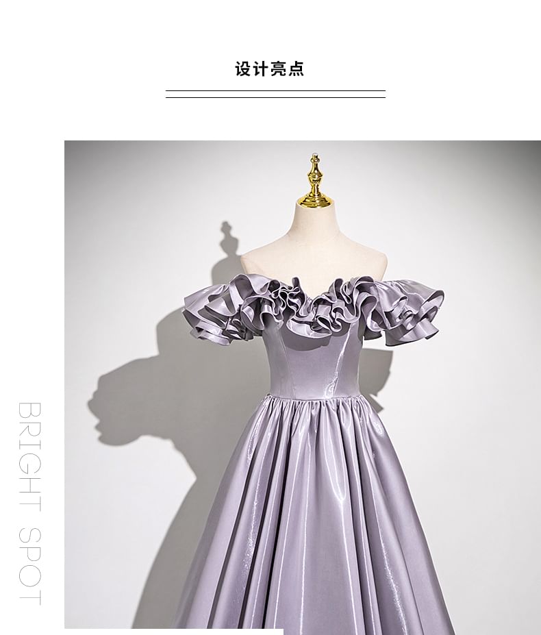 Off-Shoulder Plain Ruffle Trim A-Line Evening Gown