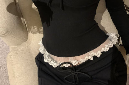 Long Sleeve Scoop Neck Plain Lace Trim Crop Top