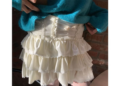 High Rise Plain Ruffle Tiered Mini A-Line Skirt