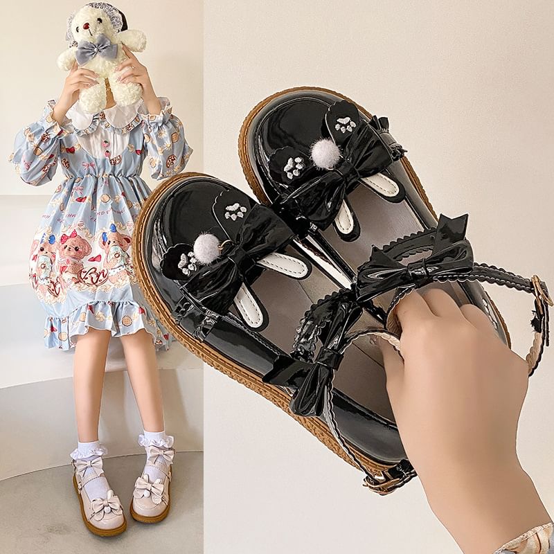 Platform Jane Strap Ankle Embroidered Mary Bow Paw Shoes