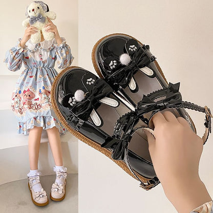 Platform Jane Strap Ankle Embroidered Mary Bow Paw Shoes