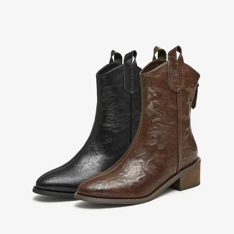 Pointed Mid-Calf Heel Chunky Boots