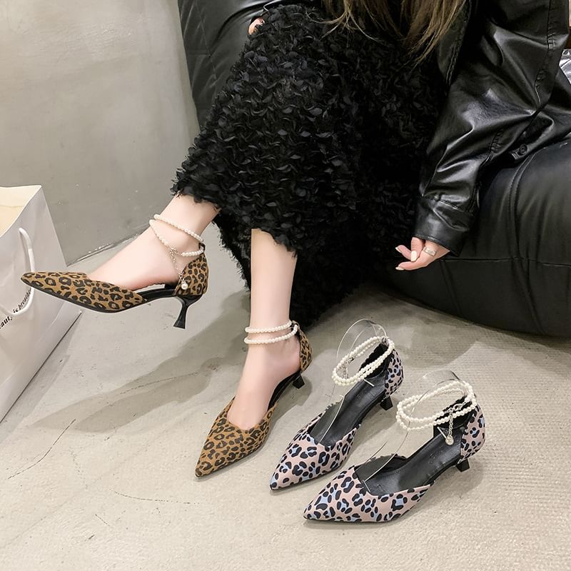 Pointed Leopard Print Ankle Strap Kitten Heel Sandals