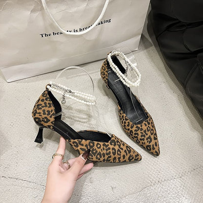 Pointed Leopard Print Ankle Strap Kitten Heel Sandals