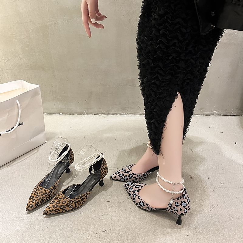 Pointed Leopard Print Ankle Strap Kitten Heel Sandals