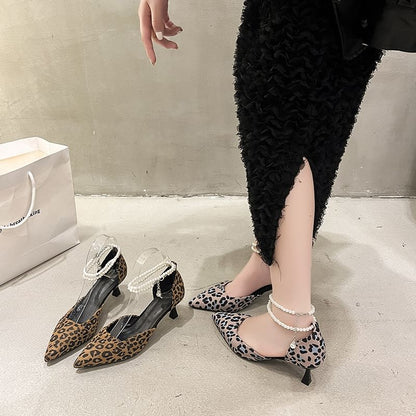 Pointed Leopard Print Ankle Strap Kitten Heel Sandals