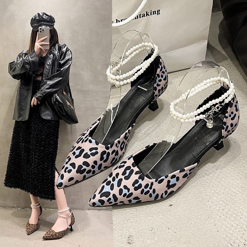 Pointed Leopard Print Ankle Strap Kitten Heel Sandals