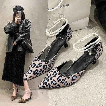 Pointed Leopard Print Ankle Strap Kitten Heel Sandals