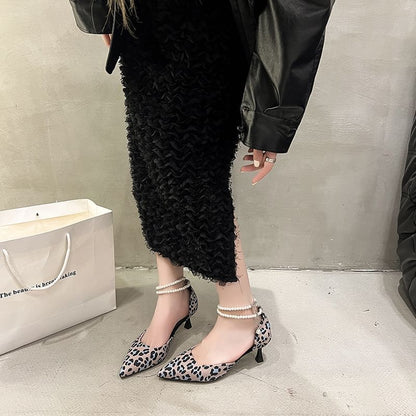 Pointed Leopard Print Ankle Strap Kitten Heel Sandals